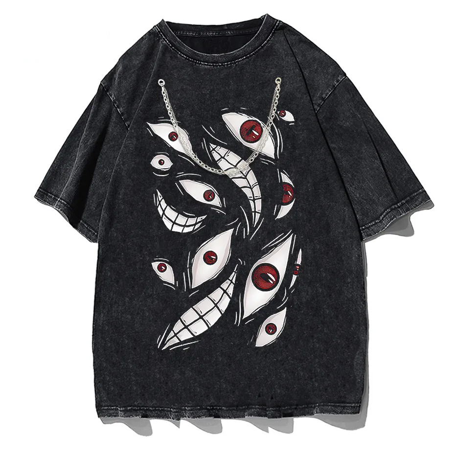Harajuku Anime Eyes Graphic Washed T-Shirt Men Streetwear Cotton Tee