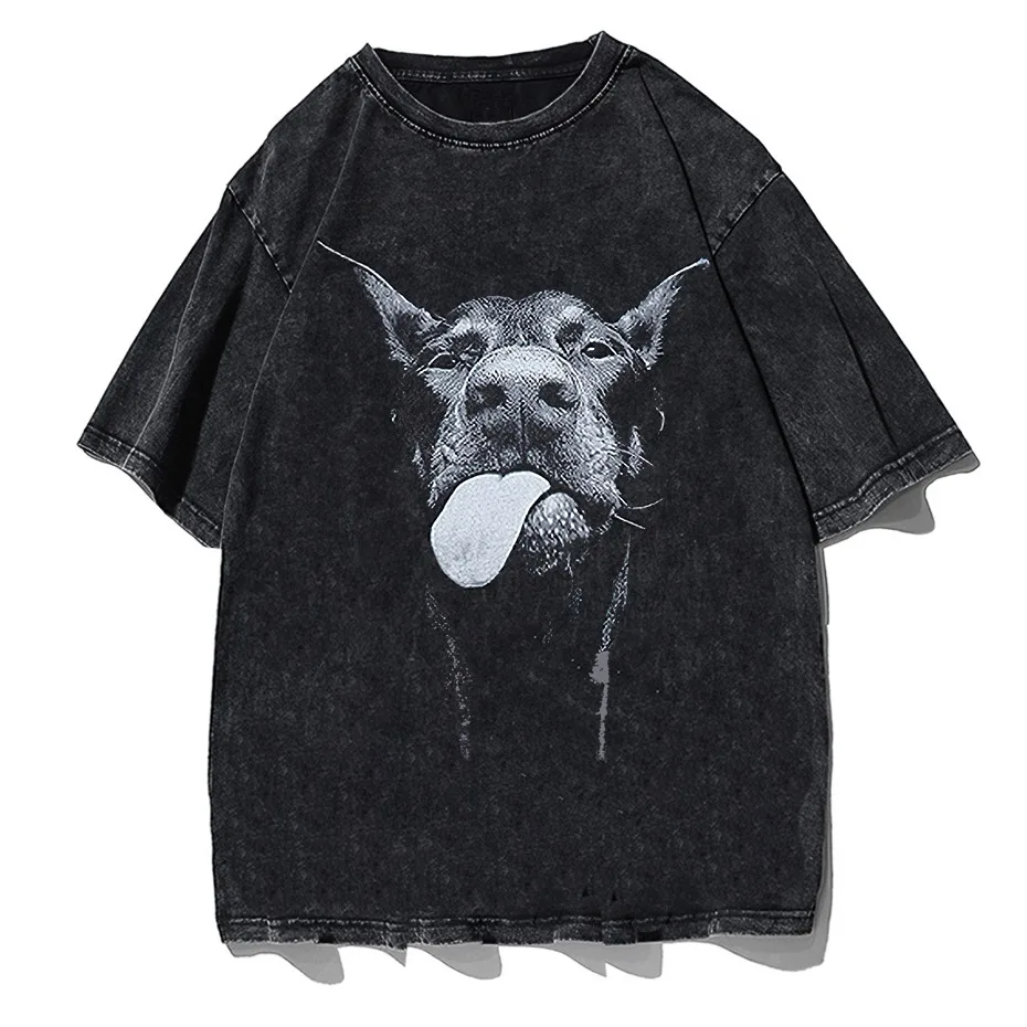 Gothic Dog Letter Print Vintage Washed Oversized T-Shirt