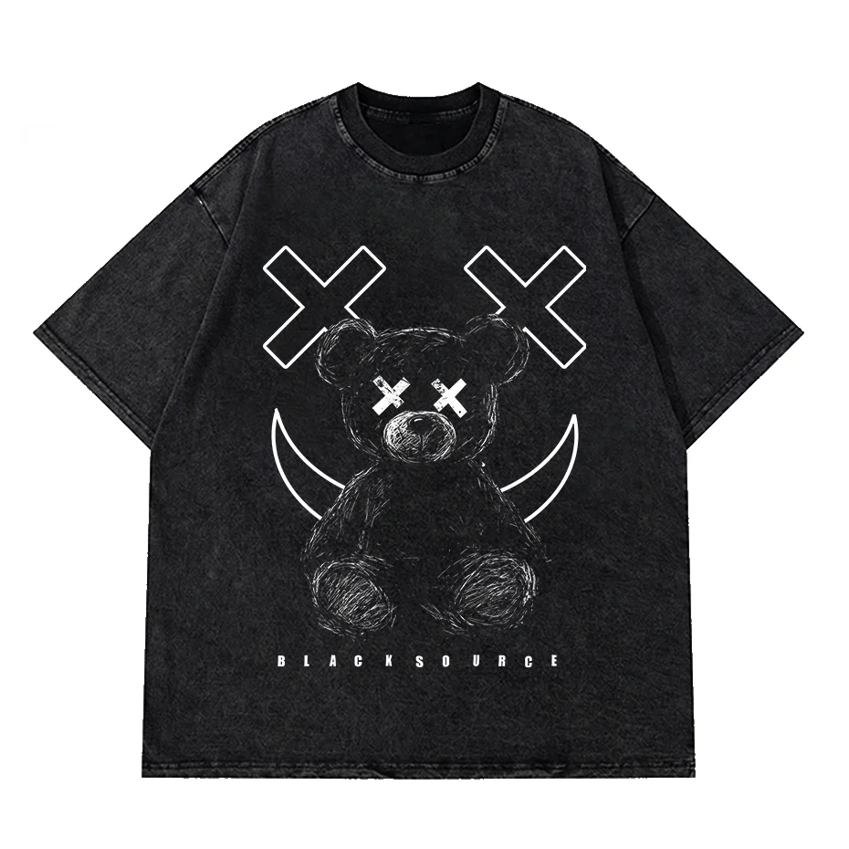 Bear Print T-Shirt Men 100% Cotton Harajuku Loose Casual Short Sleeve Tee