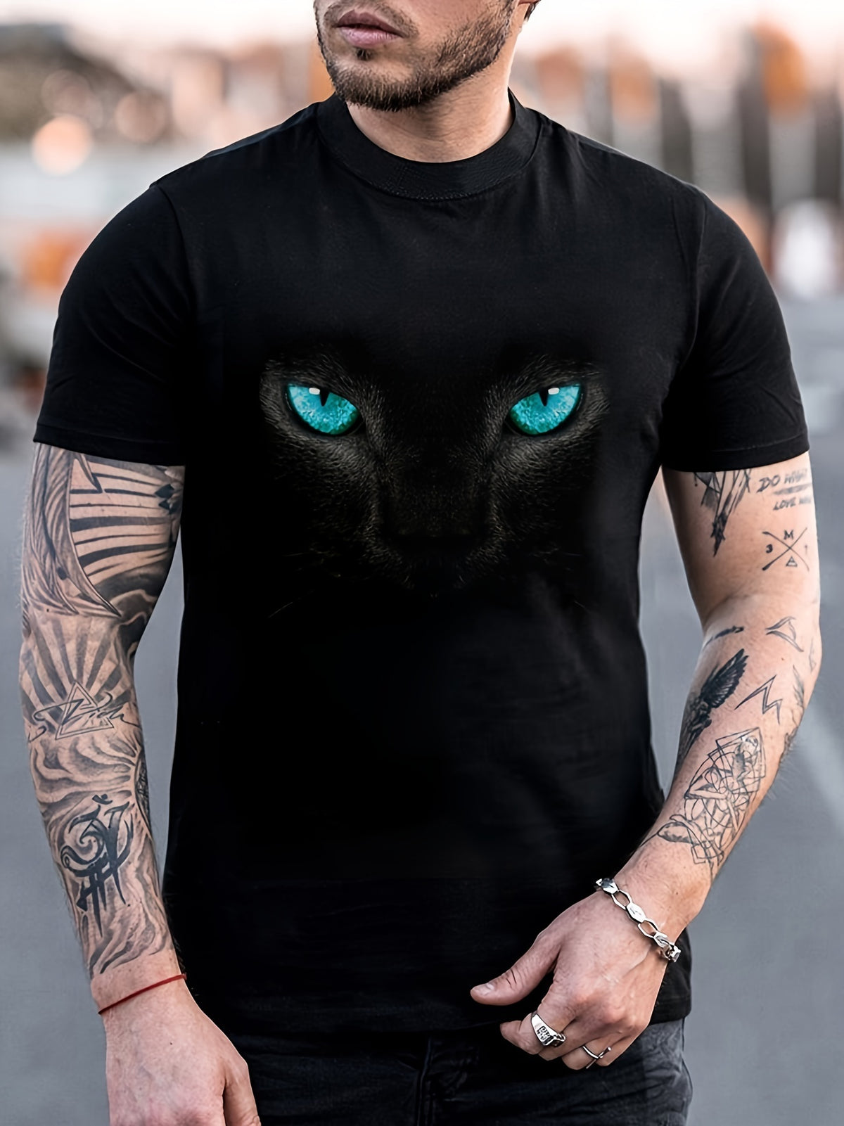 Men's Fashionable Color Blocked Short Sleeved Round Neck T-shirt, Summer Outdoor, 3D Heartbeat And Airplane Graphic Printing
