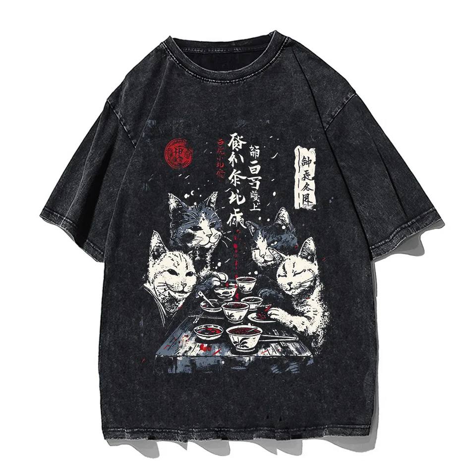 Japanese Cat Cartoon Graphic Baggy T-Shirt Men Streetwear