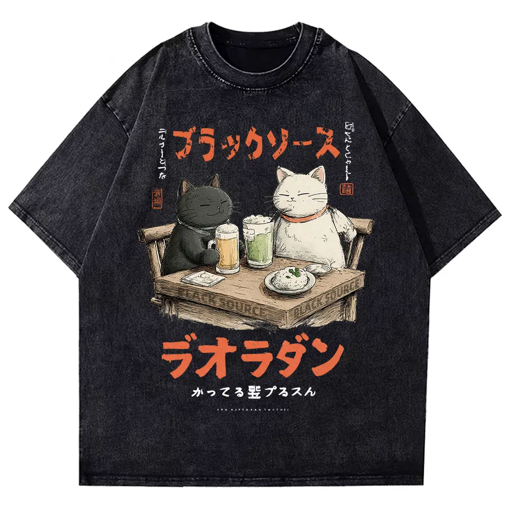 Funny Drinking Cat Japanese Harajuku Streetwear T-Shirt Cotton Unisex
