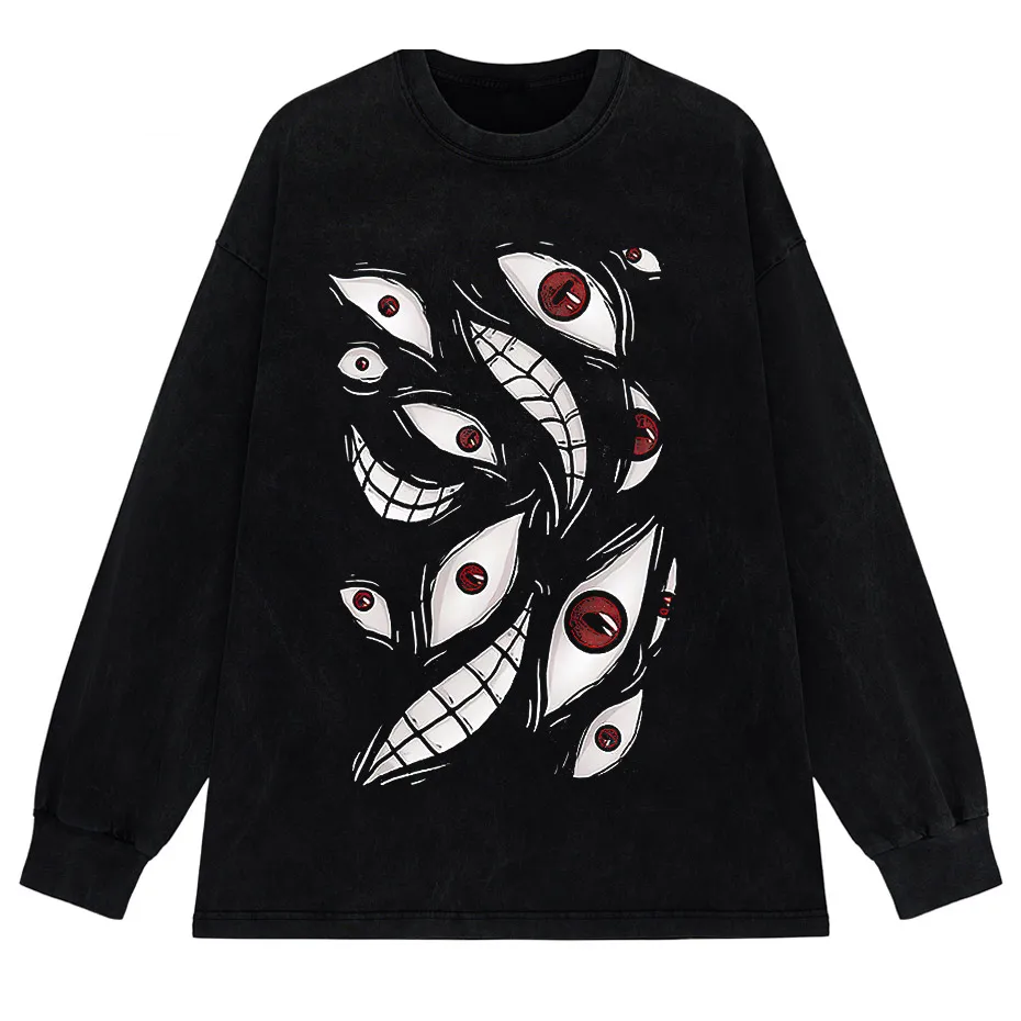 Harajuku Anime Eyes Graphic Washed T-Shirt Men Streetwear Cotton Tee