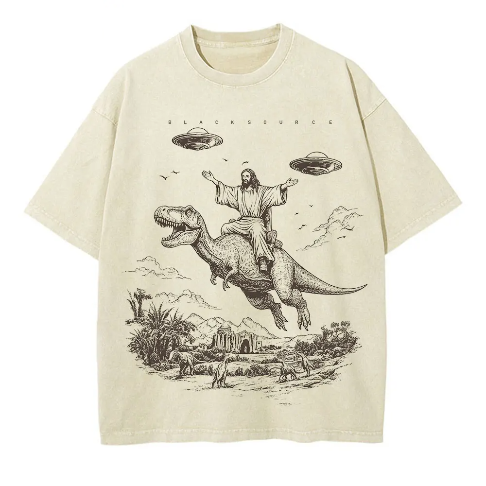 Vintage Cartoon Dinosaur Graphic T-Shirt Washed Oversized Streetwear Tee
