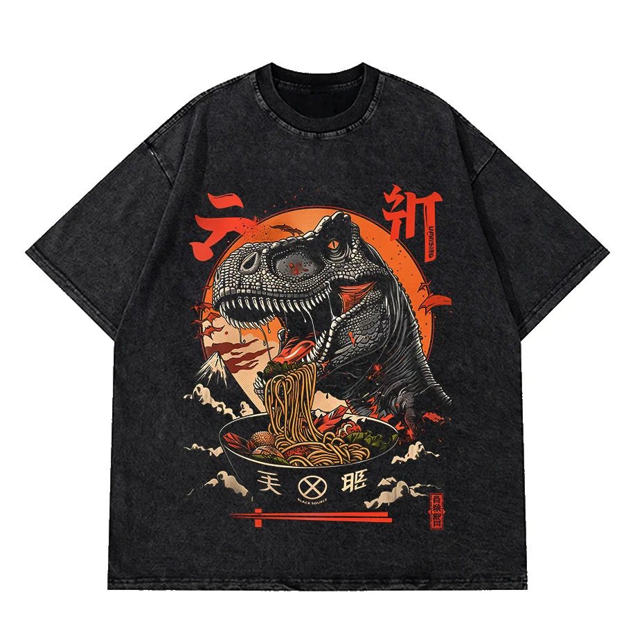 Funny Kaiju Eating Ramen Graphic T-Shirt Japanese Monster Cartoon Tee for Kids