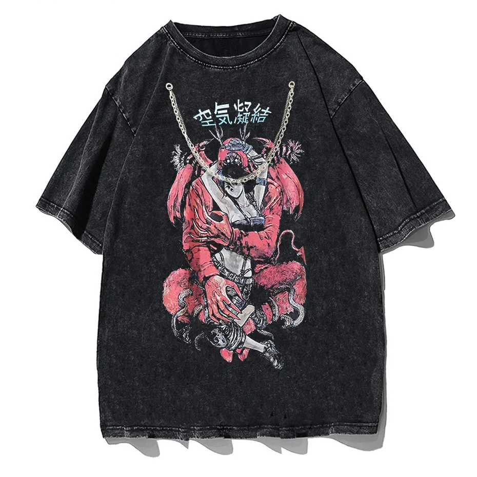 Retro Washed Oversized T-Shirt – Japanese Kanji Anime Graphic Cotton Tee