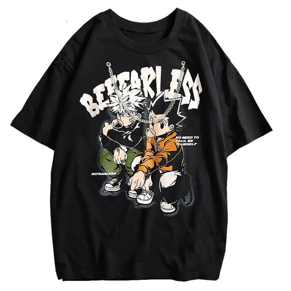 Men's Distressed Anime Graphic T-Shirt Hip Hop Harajuku Streetwear Cotton Oversized Tee