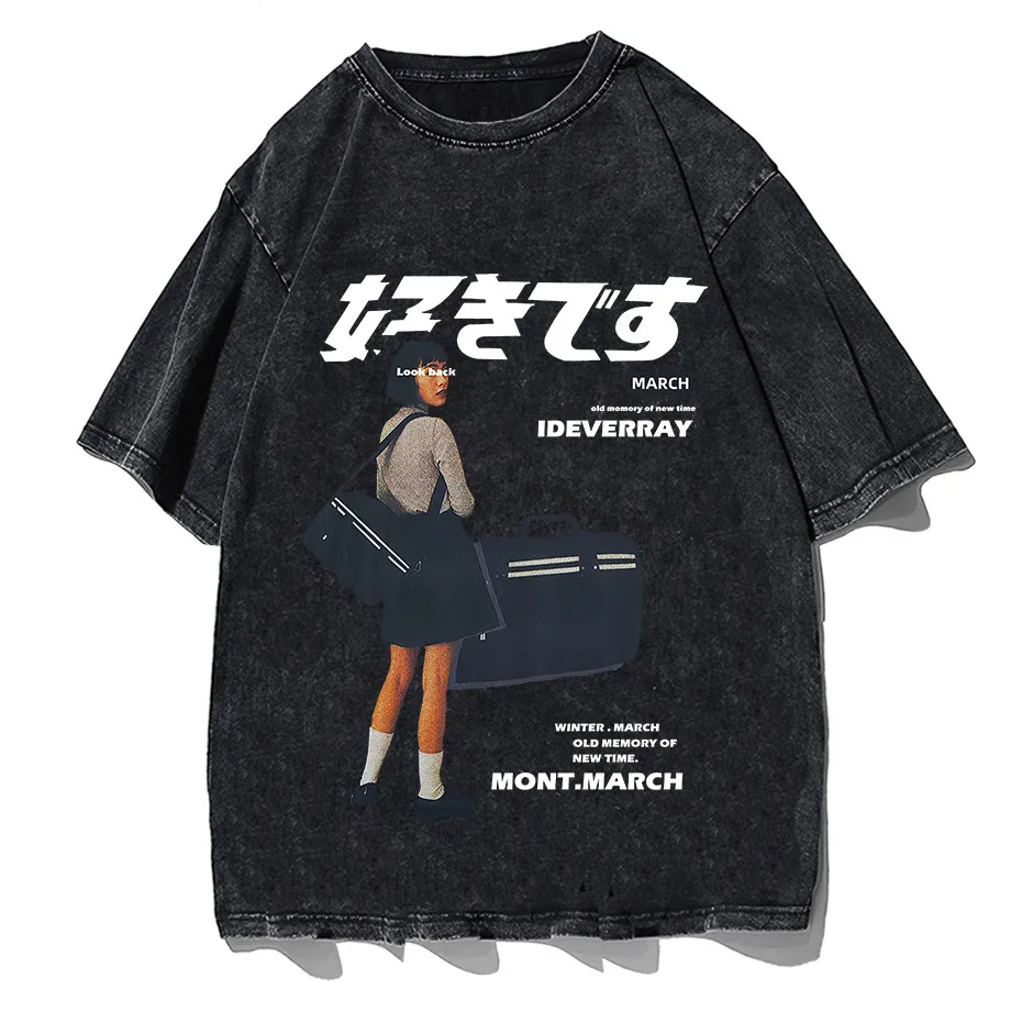 Men's Harajuku Kanji Girl Graphic T-Shirt Japanese Print Cotton Loose Fit Streetwear