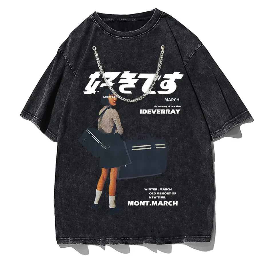 Men's Harajuku Kanji Girl Graphic T-Shirt Japanese Print Cotton Loose Fit Streetwear
