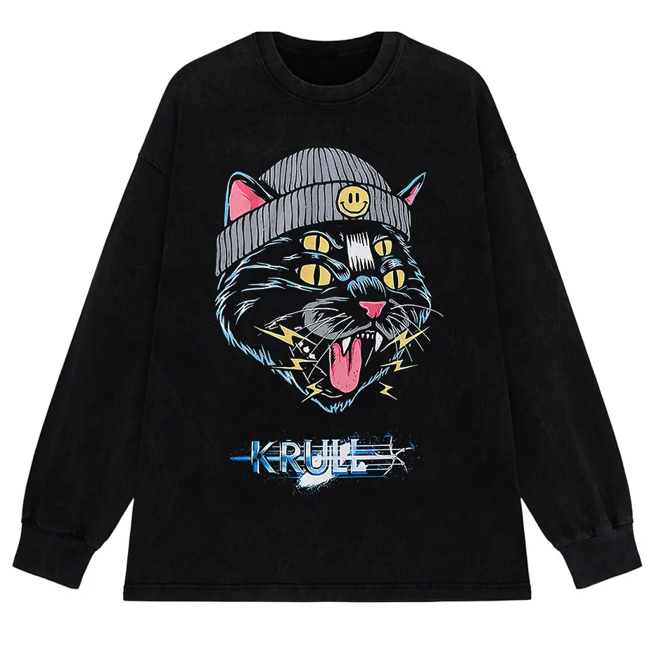 Hip Hop Oversized Cat Graphic T-Shirt Washed Cotton Streetwear Harajuku Tee