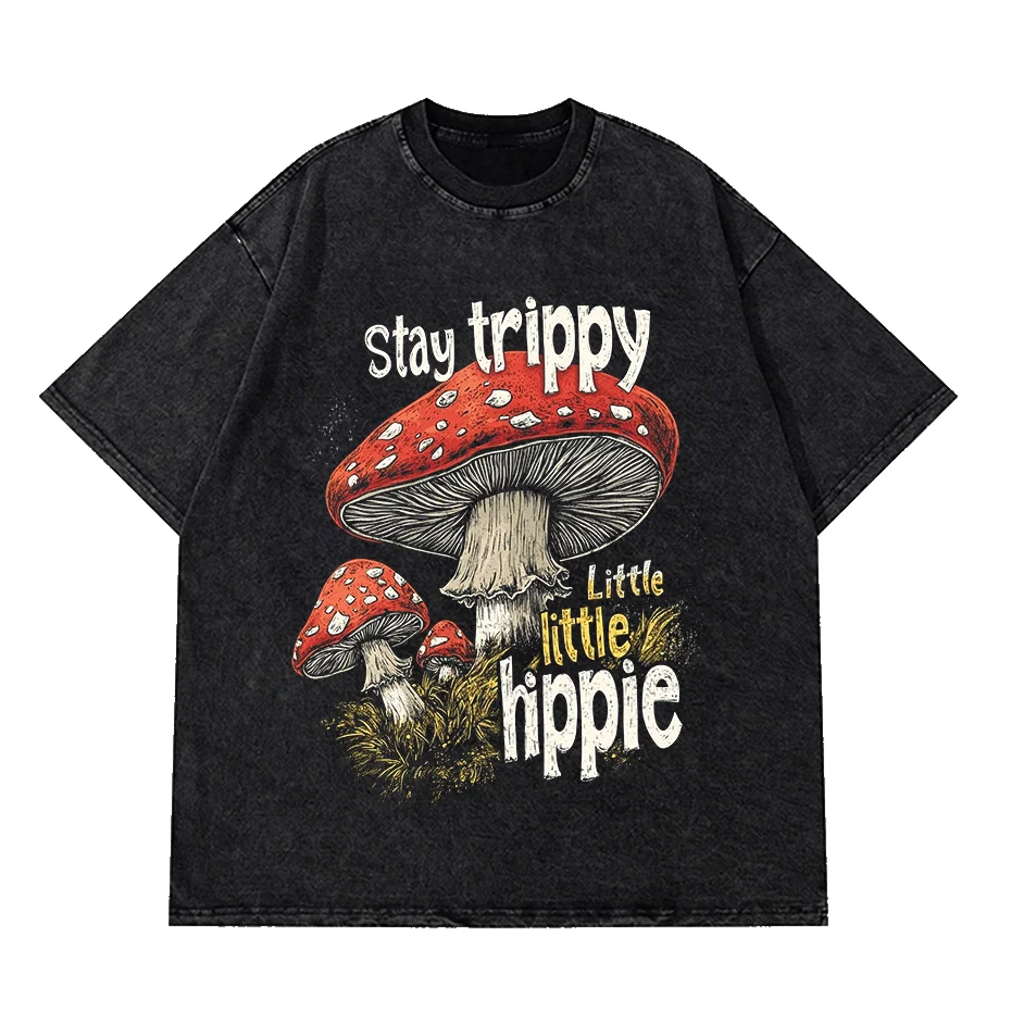 Vintage Mushroom Print Washed Cotton T-Shirt Women Hippie Streetwear
