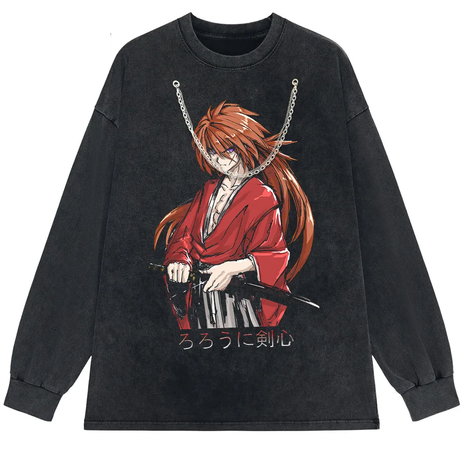 Rurouni Kenshin Washed Anime Graphic T-Shirt Men's Harajuku Streetwear Vintage Cotton Tee