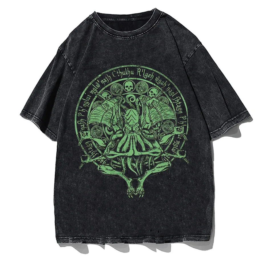 Vintage Green Cthulhu T-Shirt Men Oversized Streetwear Tee