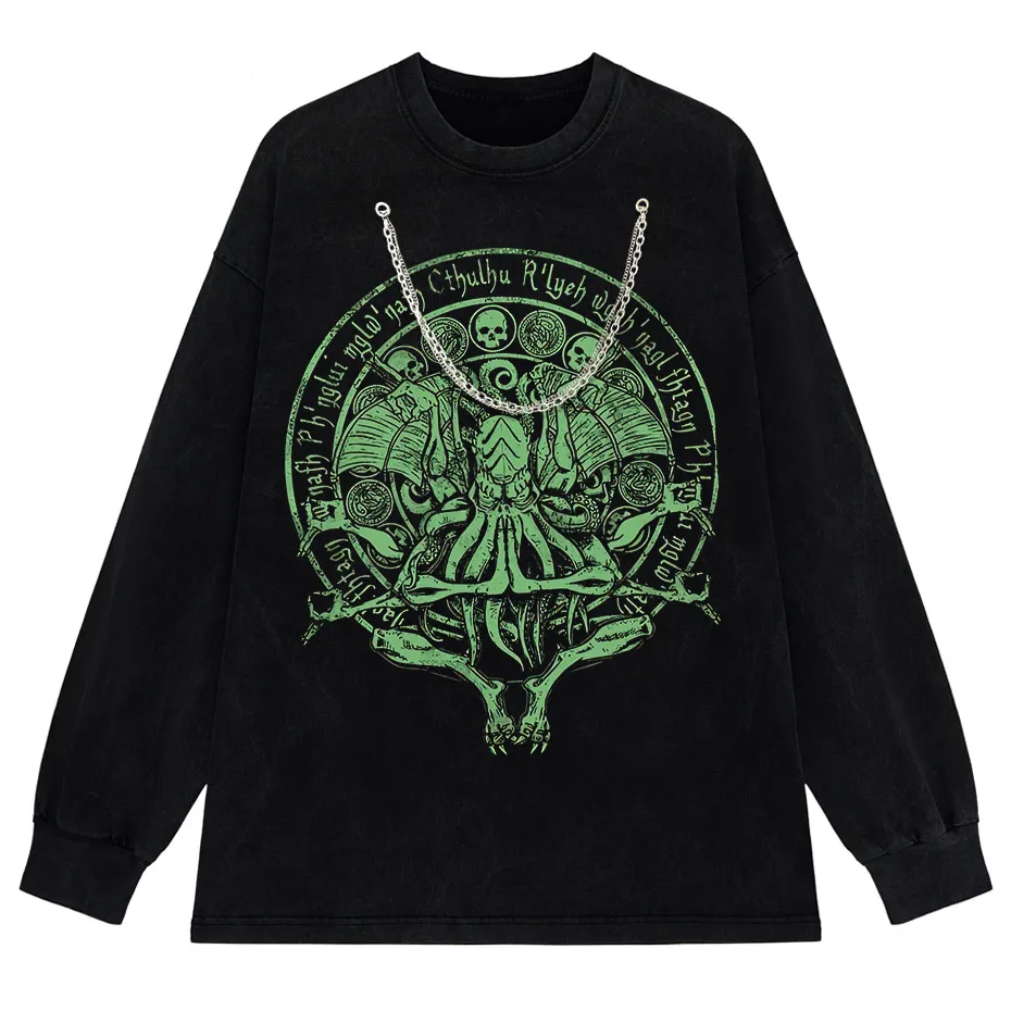 Vintage Green Cthulhu T-Shirt Men Oversized Streetwear Tee