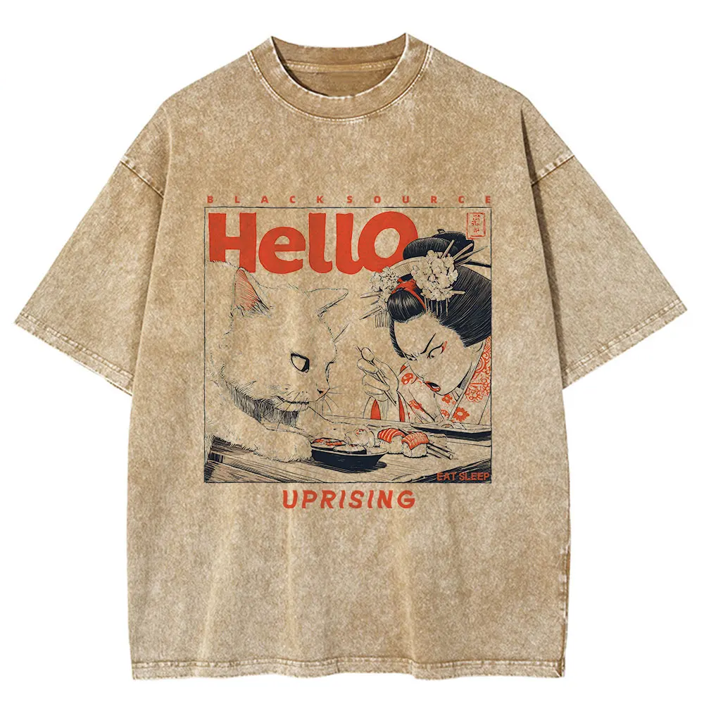 Funny Japanese Cat Print Vintage Cotton T-Shirt