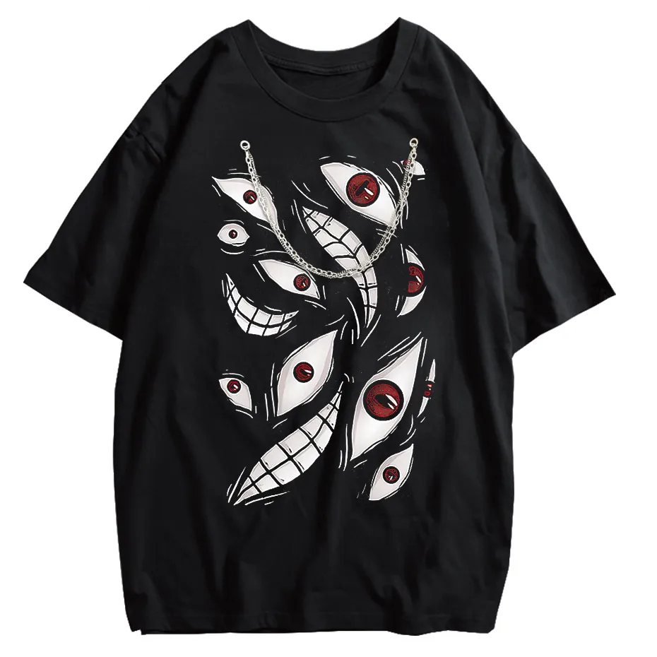 Harajuku Anime Eyes Graphic Washed T-Shirt Men Streetwear Cotton Tee