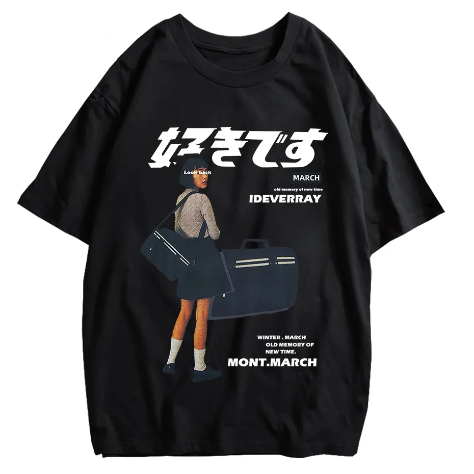 Men's Harajuku Kanji Girl Graphic T-Shirt Japanese Print Cotton Loose Fit Streetwear