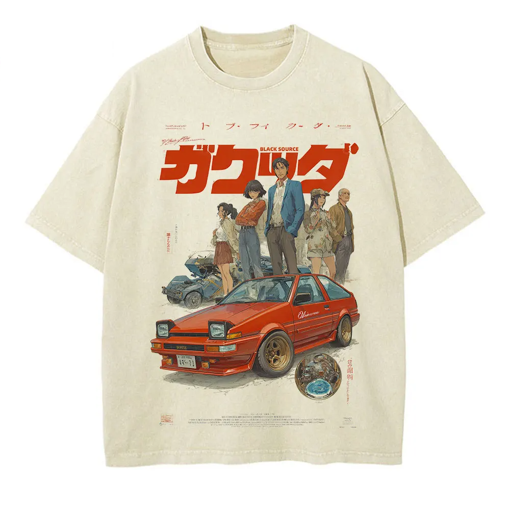 Japanese Kanji Dog Cat Graphic T Shirt Men Harajuku Streetwear Vintage Cotton Tee White