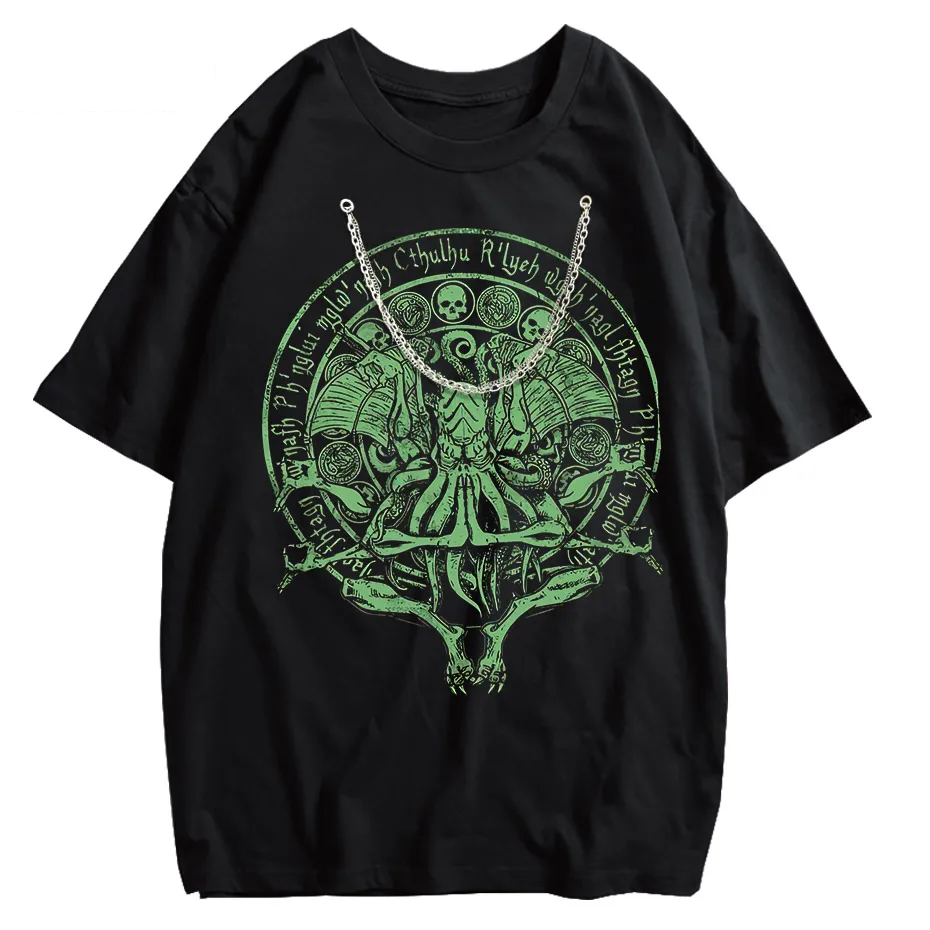 Vintage Green Cthulhu T-Shirt Men Oversized Streetwear Tee