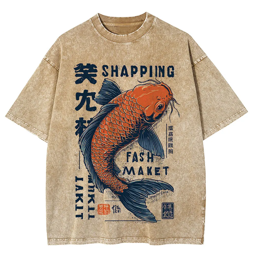 Men Summer Japanese Koi Fish Print Short Sleeve T Shirt Navy Blue