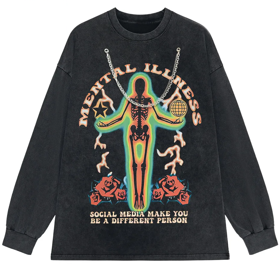 Skeleton Rose Graphic Vintage Washed Cotton T-Shirt Streetwear