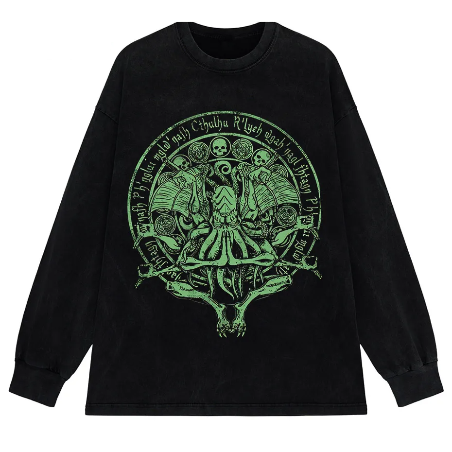 Vintage Green Cthulhu T-Shirt Men Oversized Streetwear Tee