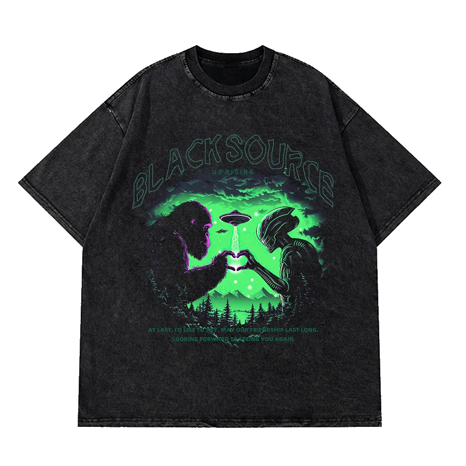 Men's Washed Heart Hands Graphic T-Shirt Harajuku Casual Short Sleeve Tee