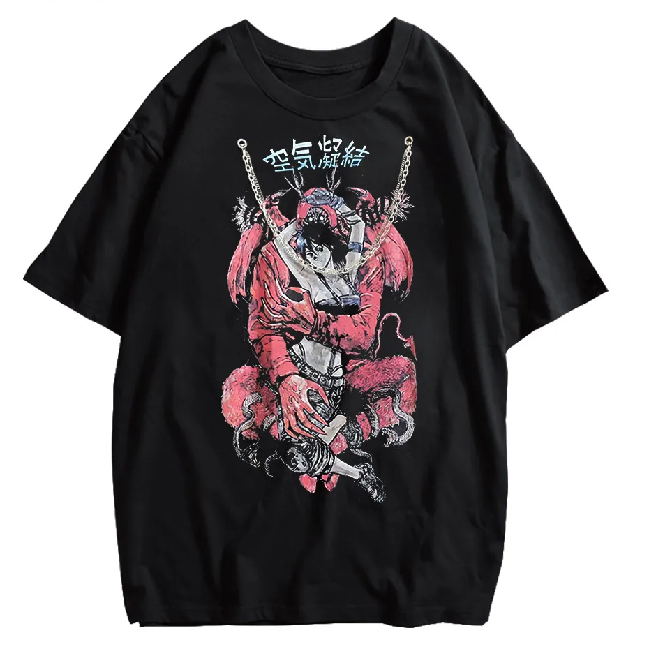 Retro Washed Oversized T-Shirt – Japanese Kanji Anime Graphic Cotton Tee