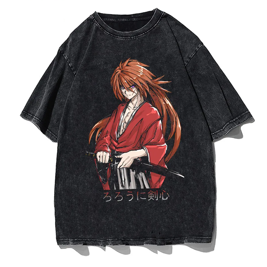 Rurouni Kenshin Washed Anime Graphic T-Shirt Men's Harajuku Streetwear Vintage Cotton Tee