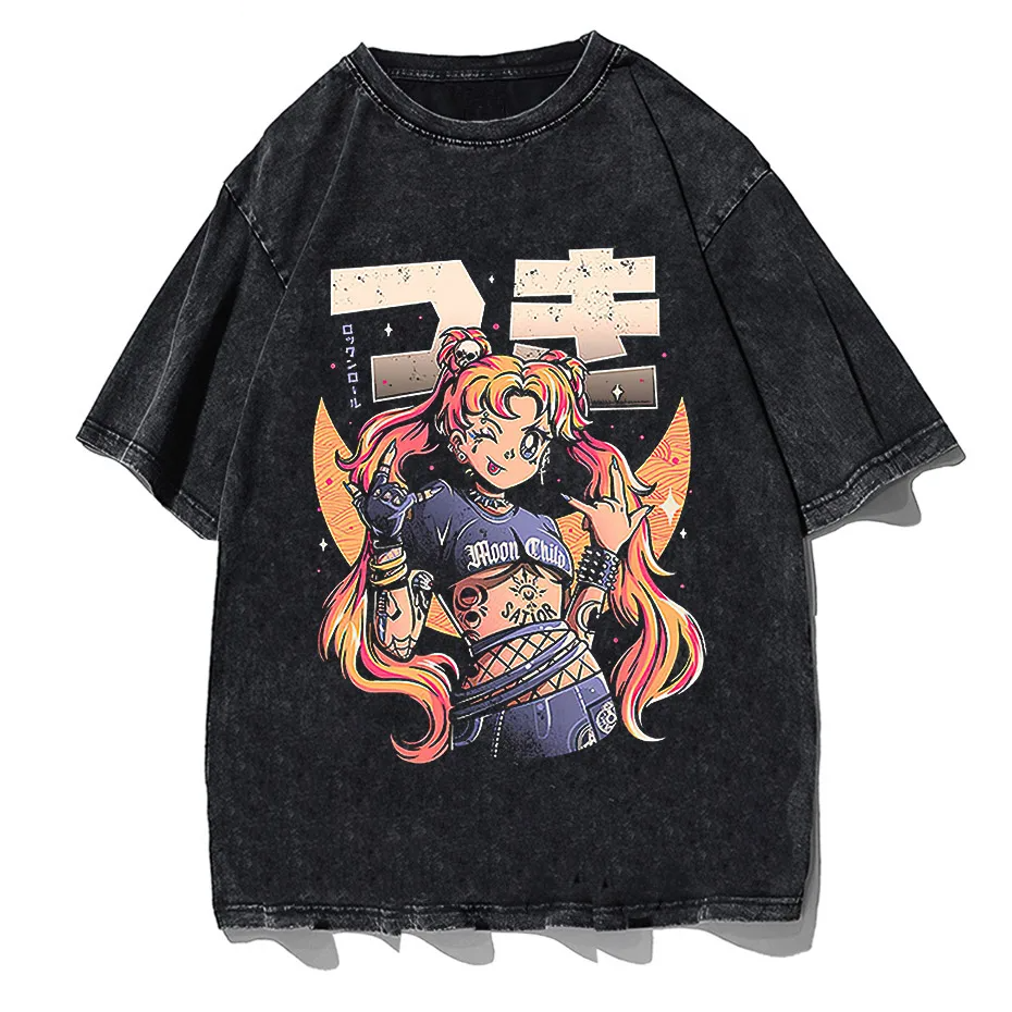 Men's Retro Anime Girl Graphic T-Shirt Cotton Oversized Vintage Tee