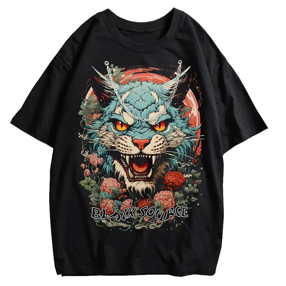 Japanese Tiger Head Graphic T-Shirt Oversized Streetwear Y2K Tee