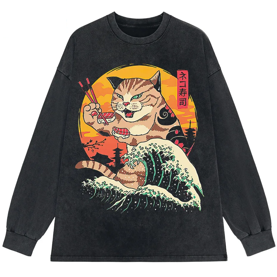 Japanese Genki Cat Anime Print Men's T-Shirt Casual O-Neck