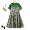 Fake Two Piece Sling Pinch Pleated Chiffon Floral Short Sleeve A Line Female Dress 4XL