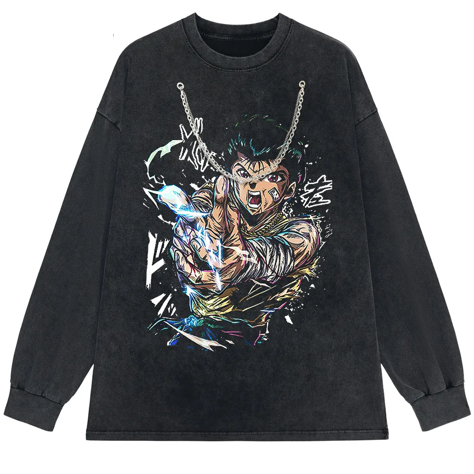 Hip Hop Vintage Washed T-Shirt Men Japanese Anime Boy Graphic Harajuku Streetwear Cotton Summer Tee