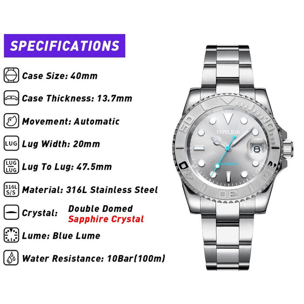 100m Water-resistant 40mm Men's Yacht Style Watch Automatic MIYOTA Mov't Sapphire Crystal Ceramic Bezel Insert - Vimost Shop