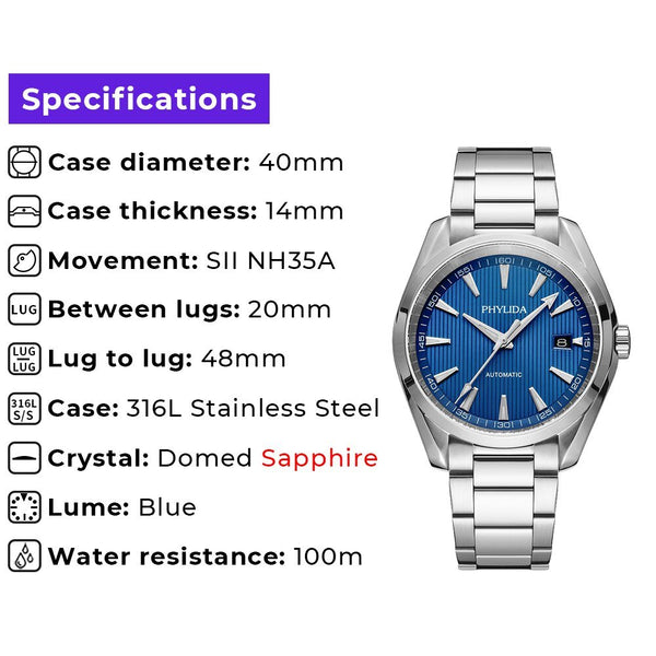 10BAR Water-resistant NH35 Automatic Watch Blue Dial Classic Mechanical Wristwatch Solid SS Domed Sapphire Crystal - Vimost Shop