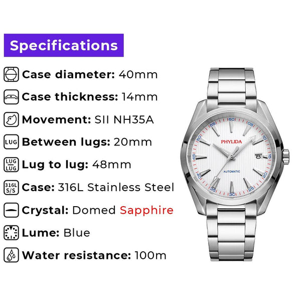 10BAR Water-resistant NH35A Automatic Watch White Dial Fashion Classic Mechanical Wristwatch Solid SS Sapphire Crystal Aqua - Vimost Shop