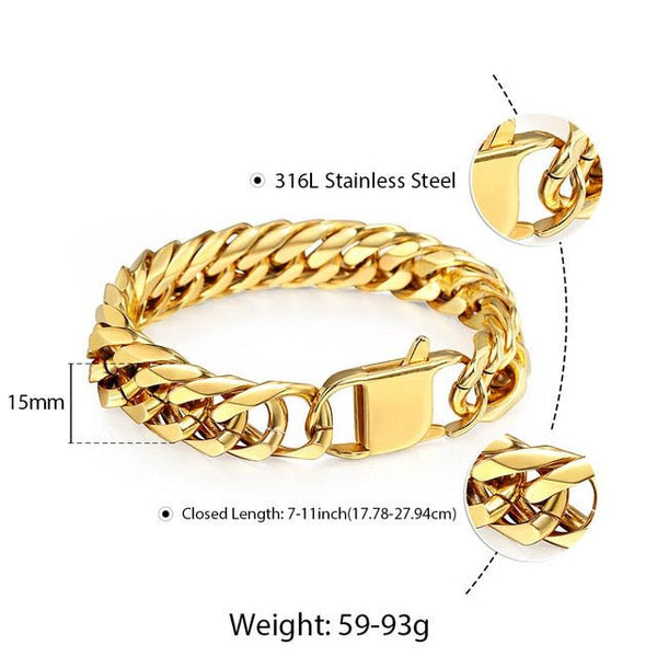 10mm 15mm Gold Black 316L Stainless Steel Bracelet for Men Double Curb Cuban Link Rombo Heavy Hiphop Male Jewelry - Vimost Shop