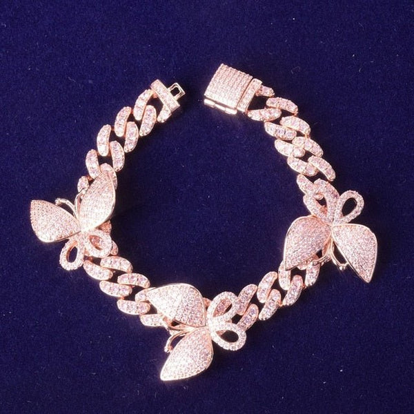 10mm Pink Miami Cuban Link Bracelet With Butterfly Bling Women Jewelry AAAA Zircon Hip Hop Chain - Vimost Shop