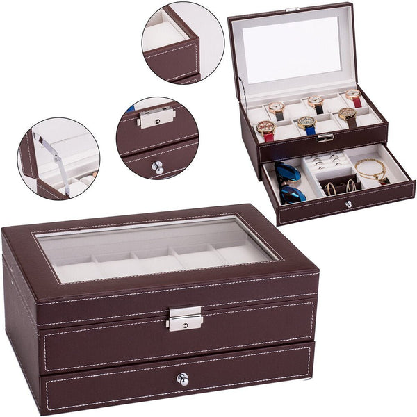 12 Slots Watch Box Men Jewelry Display Case Organizer 2 Tier Lockable with Real Glass Top Faux Leather Brown/Black[US-Stock] - Vimost Shop