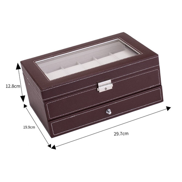 12 Slots Watch Box Men Jewelry Display Case Organizer 2 Tier Lockable with Real Glass Top Faux Leather Brown/Black[US-Stock] - Vimost Shop