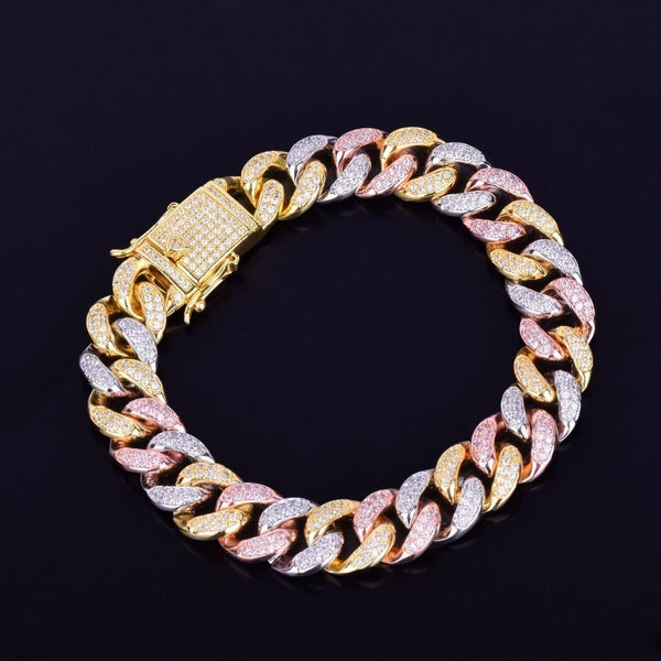 12MM Mixed Color Cuban Chain Bracelet Men's Hip hop Jewelry Iced Out AAA Zirconia Colorful Bracelet 7