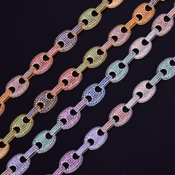12MM Mixed Color Cubic Zircon Cuban Link Necklace Bling Men's Hip hop Jewelry 18 K Copper Iced Cuban Chain 18