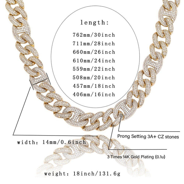 14mm Miami Box Clasp Cuban Link Chain Gold Silver Color Necklace Iced Out Cubic Zirconia Bling Hip hop for Men Jewelry - Vimost Shop