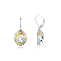 18k gold over 925 silver two tone Handmade Branch bud Natural Swiss Blue Topaz Woman’s Statement Retro Earrings - Vimost Shop