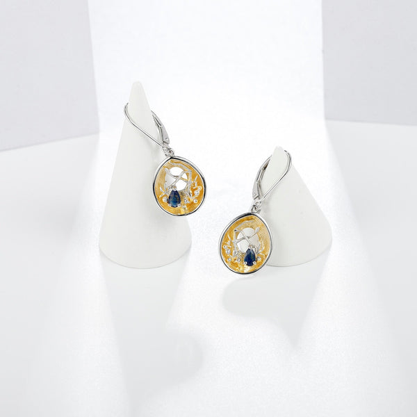 18k gold over 925 silver two tone Handmade Branch bud Natural Swiss Blue Topaz Woman’s Statement Retro Earrings - Vimost Shop