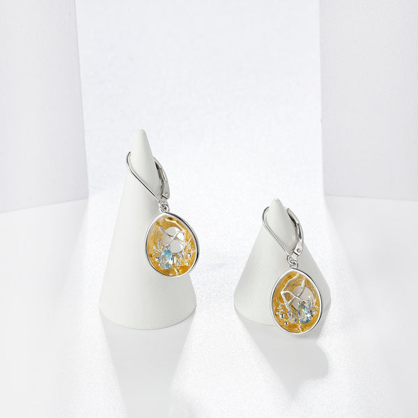18k gold over 925 silver two tone Handmade Branch bud Natural Swiss Blue Topaz Woman’s Statement Retro Earrings - Vimost Shop