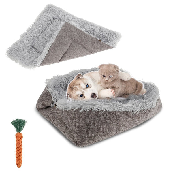 2 In 1 Cat Cushion Bed with Carrot Teeth Cleaning Toy Super Soft Puppy Kitten Sleeping Mat Foldable Basket Carrier for Pets - Vimost Shop