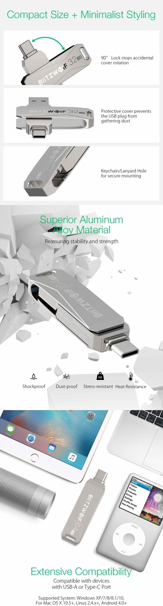 2 in 1 Type-C USB3.0 Ultra-fast Transmission 360° Rotation Zinc Alloy 32GB 64GB Support OTG USB Flash Drive - Vimost Shop