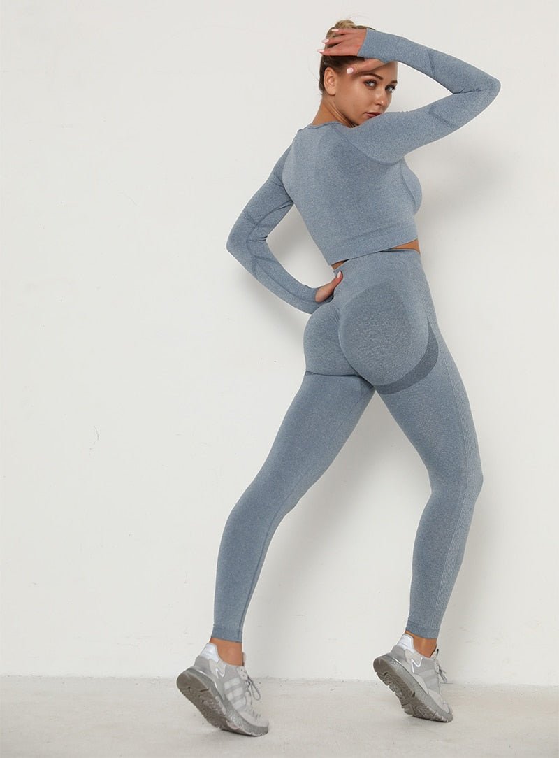 2 Piece Outfits Yoga Activewear Set Long Sleeve Crop Top High Waist Yoga Pants Sports Shirt Workout Leggings Suit Gym Clothing - Vimost Shop